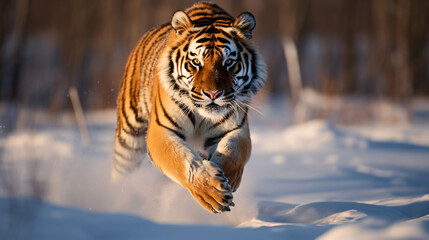 Fototapeta na wymiar Siberian Tiger running. Beautiful dynamic and pow