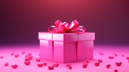 A pink gift box with a bow and hearts scattered around it