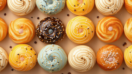 Fototapeta premium Pastry pattern, sugar balls pastry puffs top view.