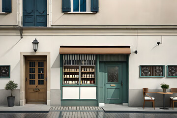 Fototapeta na wymiar old european shop blue painted front door facade , beige stucco wall