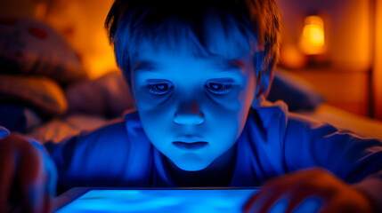 Child looking at a tablet screen with blue glow, nighttime screentime concept.
