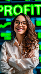 Confident young woman with arms crossed in front of stock market profit display. Could be a Trader or a Tech company founder. shallow field of view. 