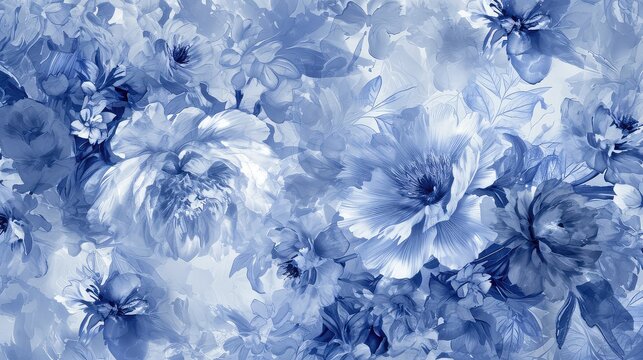Cyanotype of abstract blue and white flowers. Seamless floral pattern texture on a simple blue background. Great as wallpaper or background