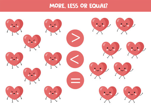 Grater, less or equal with cartoon cute kawaii pink hearts.