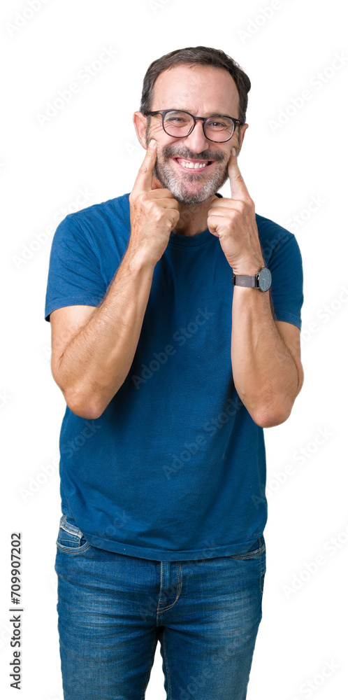 Poster Handsome middle age hoary senior man wearin glasses over isolated background Smiling with open mouth, fingers pointing and forcing cheerful smile