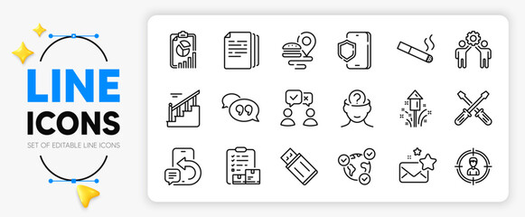 Smoking, Copy documents and People voting line icons set for app include Food delivery, Report, Psychology outline thin icon. Favorite mail, Quote bubble, Phone message pictogram icon. Vector