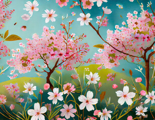 Whimsical cherry blossom pattern with wild flowers in the foreground