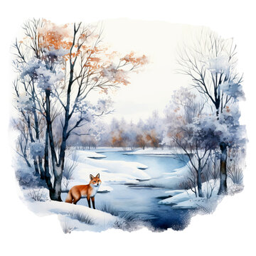 Fuchs im Winter Aquarell Kunst Bild Wildtier Schnee Landschaft Handgemalt Natur Illustration Waldszene Leinwanddruck Tierwelt Wandbild Dekoration Geschenkidee