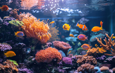 A beautiful photo of a aquarium with fishes and corals.