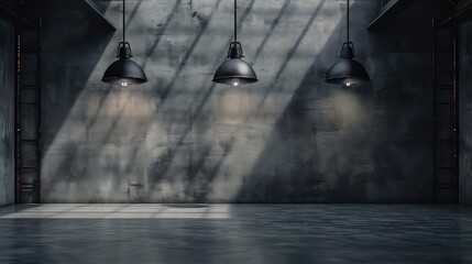 gray concrete room with black lamps in the middle of an empty room with a black wall - obrazy, fototapety, plakaty