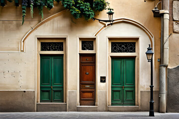 small vintage and traditional european boutique facade with colored painted door