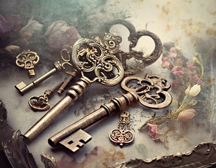 Fototapeta na wymiar Whimsical still life with antique keys. Soft metallic tones, vintage details. Arrangement of antique keys on an aged surface. Whimsical and mysterious, capturing the allure of forgotten stories.