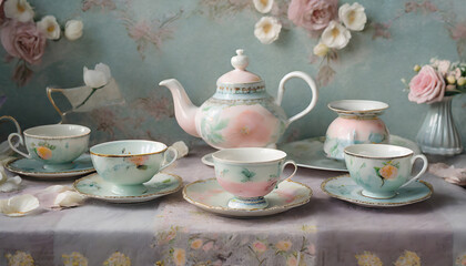 Fototapeta premium Whimsical still life with teacups. Pastel hues, playful patterns. Arrangement of mismatched teacups and saucers. Whimsical and charming, evoking a sense of afternoon tea delight.