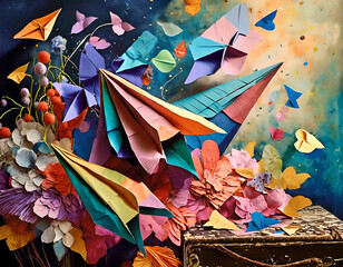 Whimsical still life with paper airplanes. Playful colors, imaginative details. Arrangement of paper airplanes in flight. Whimsical and carefree, evoking the spirit of childhood dreams.
