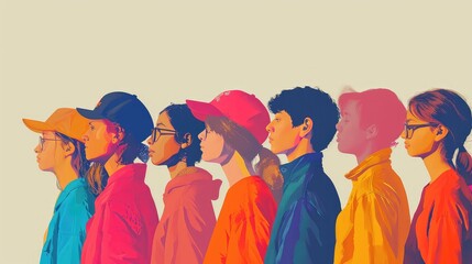 illustration of diverse people and teenagers standing side by side and one by one, equality. - obrazy, fototapety, plakaty