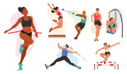 Fototapeta premium Set of Athletes Male and Female Characters. Runner, Long and Pole Jump, Put Shot, Obstacle Race and Javelin Throwing