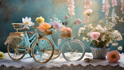 Fototapeta na wymiar Whimsical still life with vintage bicycles. Pastel hues, playful details. Arrangement of miniature vintage bicycles and flowers. Whimsical and nostalgic, evoking the joy of a leisurely ride.