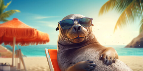 Funny cartoon seal in sunglasses among palm leaves, vacation and summer travel concept