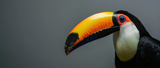 a toucan in jungle landscape wallpaper, wildlife photo, with empty copy space