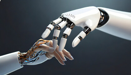 White cyborg hand about to touch human finger 3D rendering - obrazy, fototapety, plakaty
