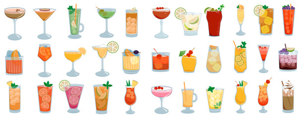 Alcohol drinks icon set in trendy flat design style. Popular cocktails for design menu, bar. Set icon