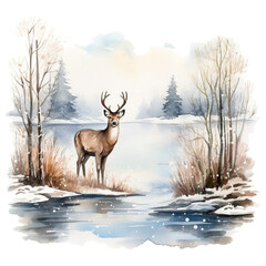 Hirsch im Winter Aquarell Kunst Bild Majestätisches Wildtier Schneelandschaft Handgemalt Naturillustration Waldtier Leinwanddruck Wildnis Wandbild Dekorative Kunst Geschenkidee