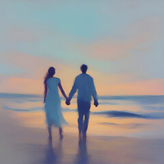 Couple holding hands on the beach at sunset. Pastel colors in impressionist style.