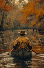 Person in a canoe on a serene river surrounded by autumn foliage.