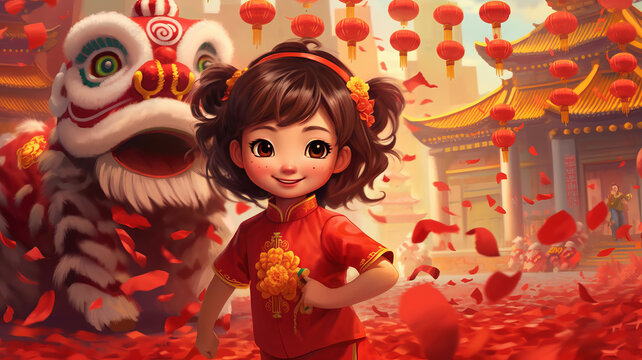 A little girl and Chinese lion dance on chinese new year festival background,generative ai
