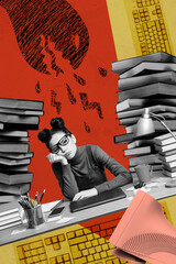 Vertical creative collage poster sitting bored young girl worker student overwhelmed workaholic...