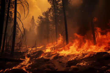 The flames of a forest fire spreading through the trees. Climate change and an increase in the number of weather disasters in the world.