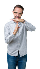 Handsome middle age elegant senior man wearing glasses over isolated background Doing time out...