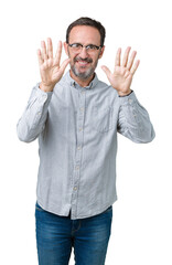 Handsome middle age elegant senior man wearing glasses over isolated background showing and pointing up with fingers number ten while smiling confident and happy.