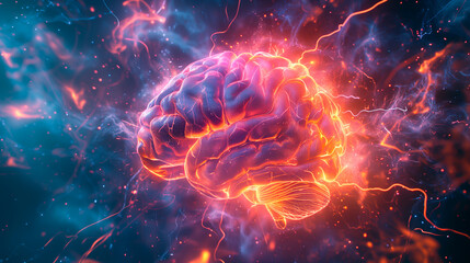 Fiery brain amidst clouds, concept of brainstorming and intelligence.
