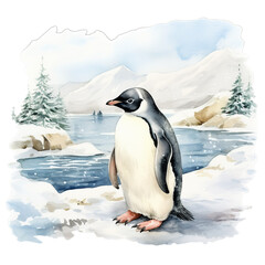 Pinguin im Schnee Aquarell Kunst Bild Antarktische Landschaft Handgemalt Tierillustration Kühle Winteratmosphäre Leinwanddruck Polartier Wandbild Geschenkidee Natur