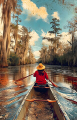 Woman paddling a canoe in a serene swamp with moss-draped trees and reflective water.