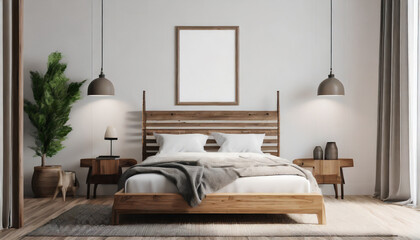 Wooden bed near white wall with empty mockup poster frame. Interior design of modern bedroom.