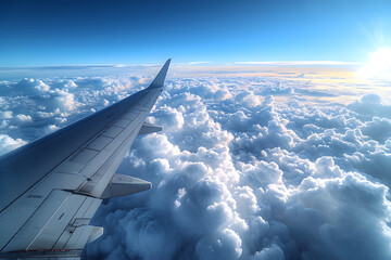 Wing of an airplane flying above the clouds during sunrise, with clear blue sky.