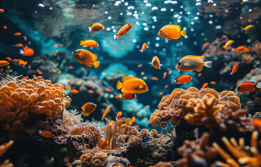 A beautiful photo of a aquarium with fishes and corals.