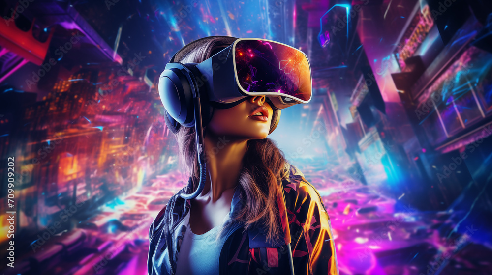 Poster Surprised teen woman use vr glasses with digital light background. Virtual gadgets for entertainment, work, free time and study. Virtual reality metaverse technology concept. - Posters
