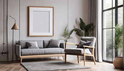 Fototapeta premium Wooden chair and gray sofa near white wall with big mock up poster frame on white wall. Scandinavian interior design of modern living room