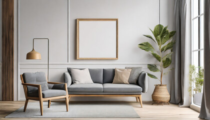 Wooden chair and gray sofa near white wall with big mock up poster frame on white wall. Scandinavian interior design of modern living room