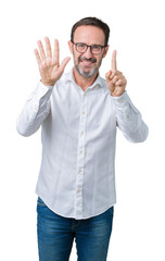 Handsome middle age elegant senior business man wearing glasses over isolated background showing and pointing up with fingers number six while smiling confident and happy.