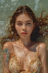 Portrait of a young woman lying in shallow water, with sun-kissed skin and flowing hair, looking pensively at the camera.