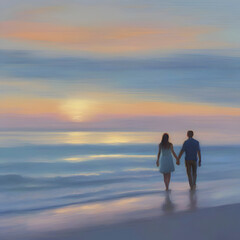 Fototapeta premium Couple holding hands on the beach at sunset. Pastel colors in impressionist style.