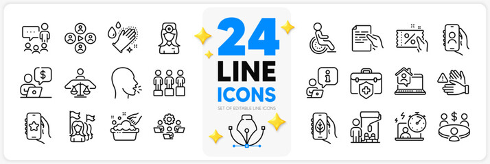 Icons set of Favorite app, Washing hands and Discount coupon line icons pack for app with Hold document, Meeting, Timer thin outline icon. Ecology app, Video conference, Interview pictogram. Vector