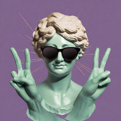 Antique female statue's head in black sunglasses showing a peace gesture with hands isolated on a purple color background. Trendy collage in magazine surreal style. 3d contemporary art
