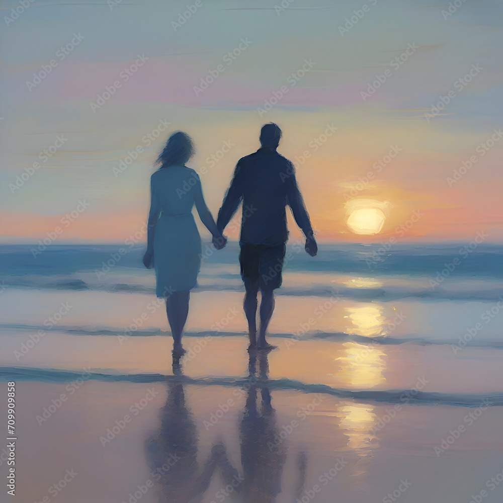 Wall mural couple holding hands on the beach at sunset. pastel colors in impressionist style.