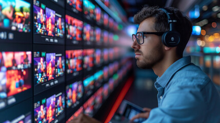 Man Wearing Headphones Observing Wall of Television Screens - obrazy, fototapety, plakaty