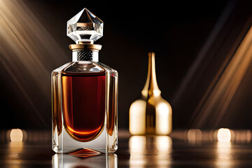 precious and luxurious amber diamond shaped perfume flacon , shiny lights